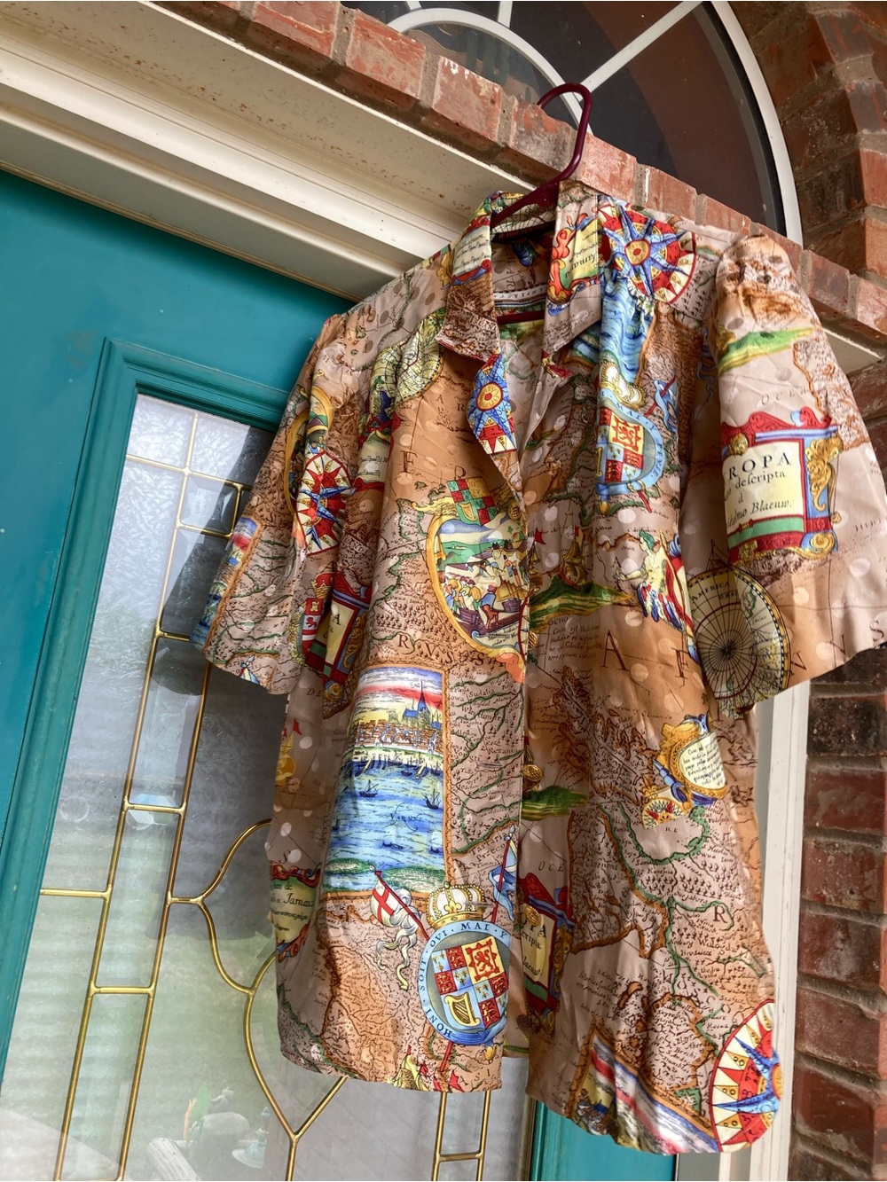 Map-Print Button-Up Blouse in Beige and Multicolor - Picture 9 of 10